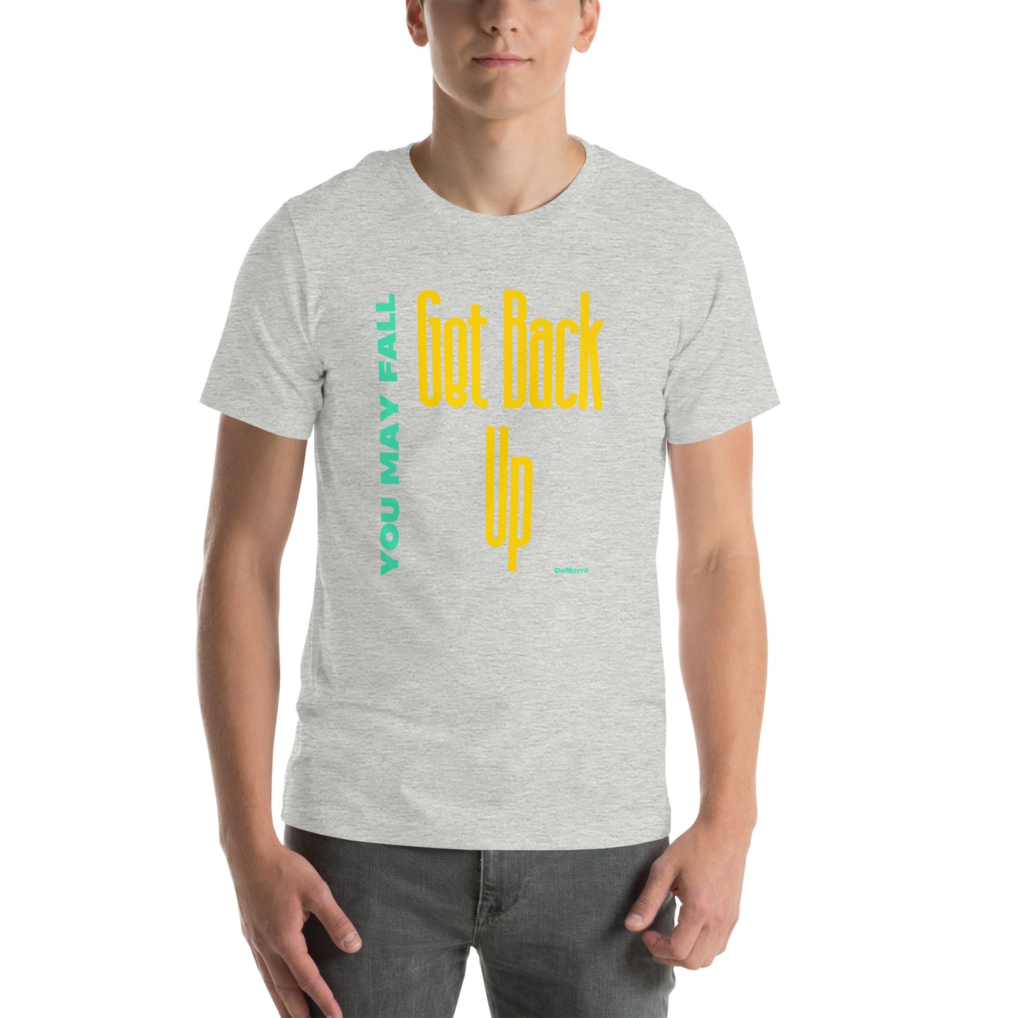 "Get Back Up" Yellow and Aqua Print - Unisex t-shirt by DeMorro Designs