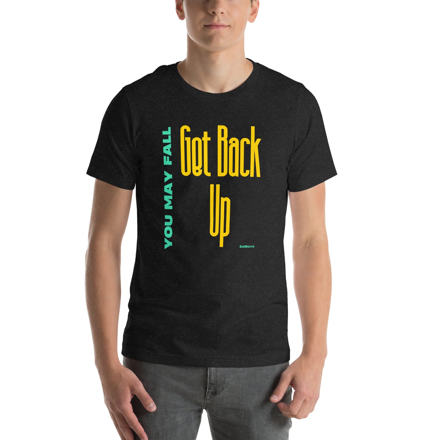 "Get Back Up" Yellow and Aqua Print - Unisex t-shirt by DeMorro Designs