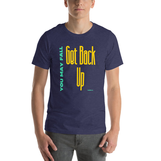 "Get Back Up" Yellow and Aqua Print - Unisex t-shirt by DeMorro Designs