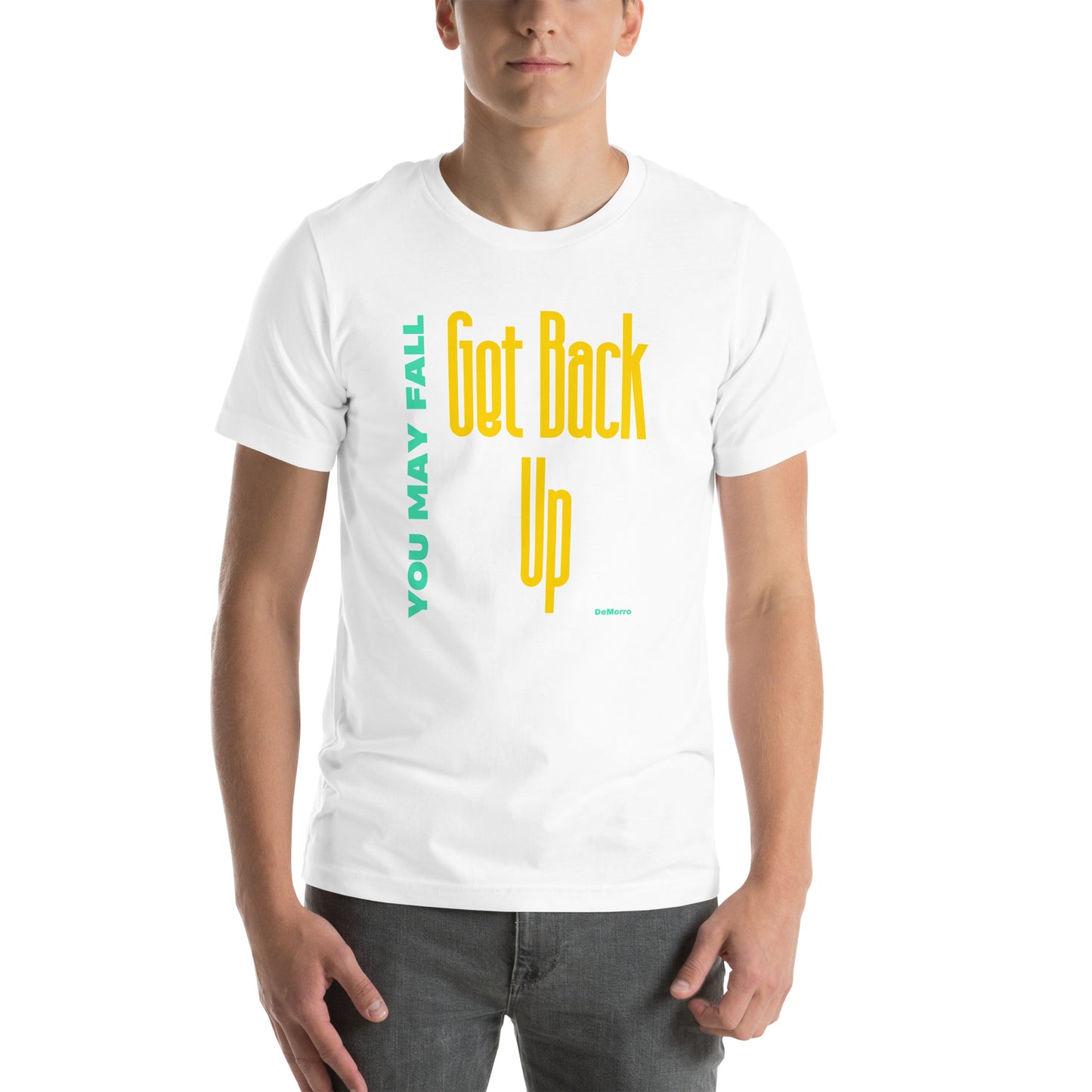 "Get Back Up" Yellow and Aqua Print - Unisex t-shirt by DeMorro Designs